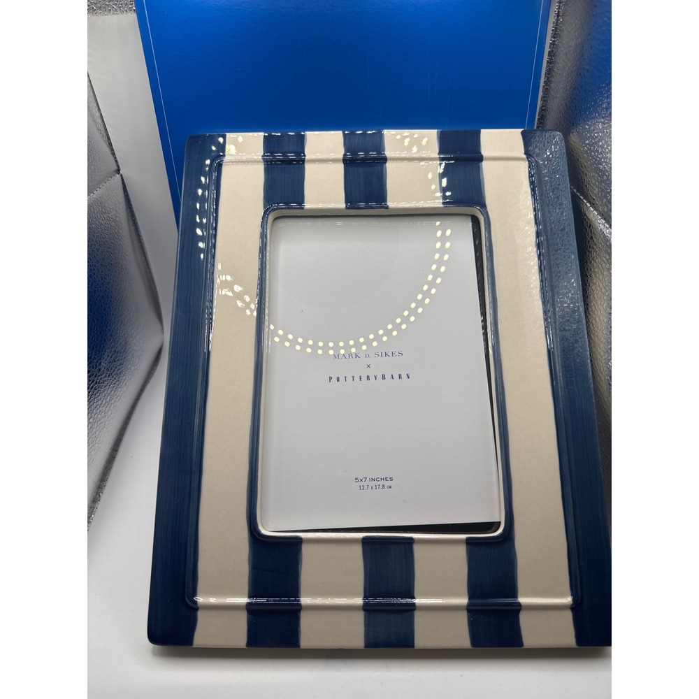 Mark D Sikes x Pottery Barn Ceramic Striped 5x7 Photo Frame Blue White NEW
